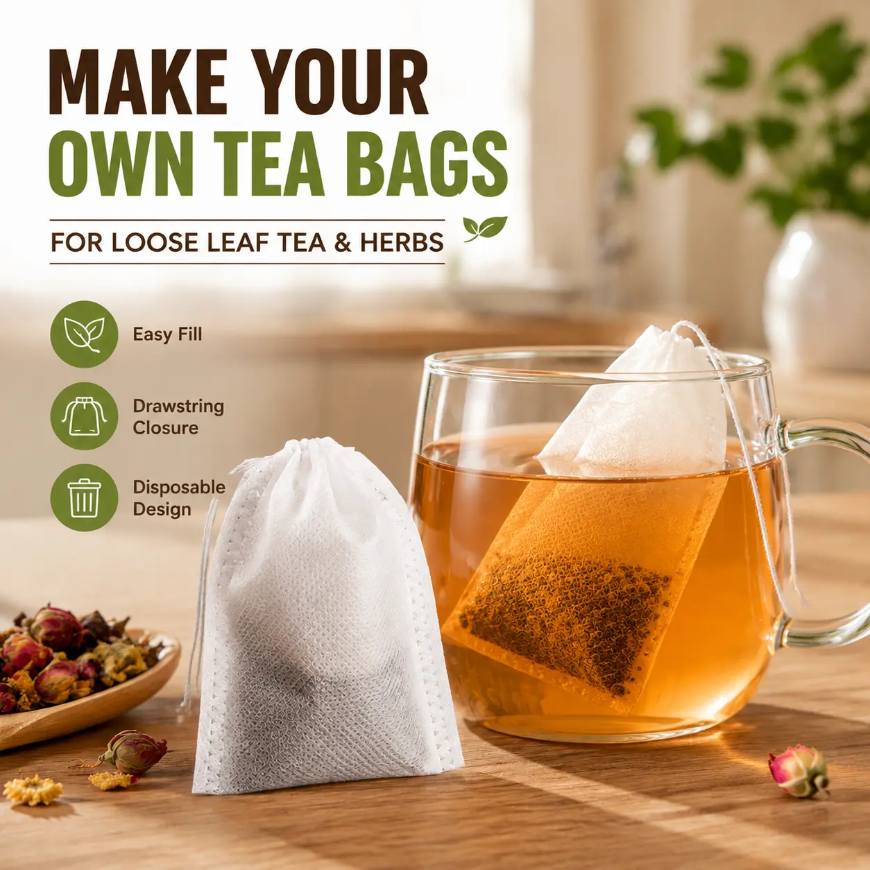 Disposable Drawstring Filter Bags - Empty Strainers for Loose-Leaf, Herbs, Spices & Coffee - 100/200 Pack Kitchen Tea-Making Tools