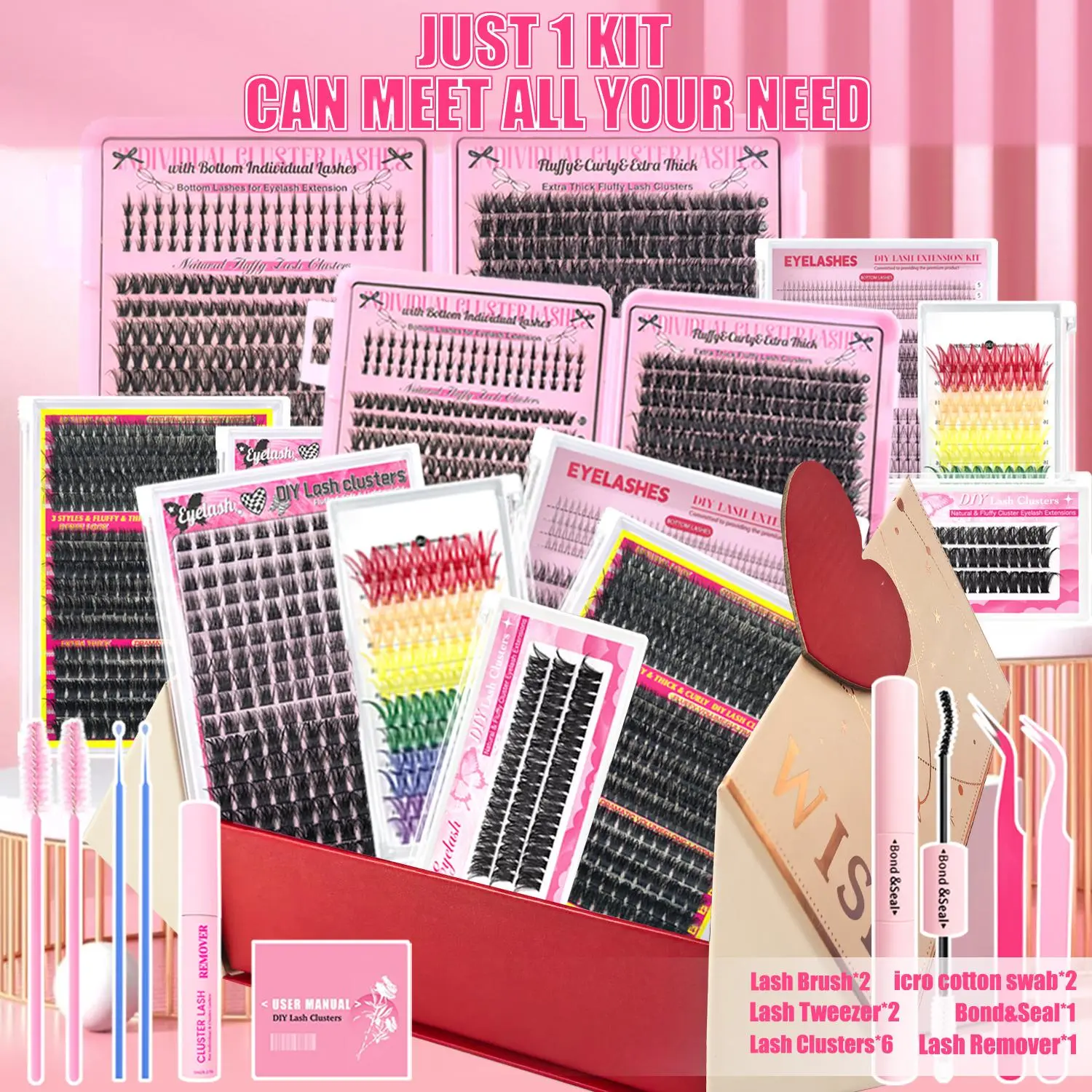 Lash Extensions Gift Set, DIY Eyelashes Kit, DIY Volume Eyelashes, Individual Lashes, Christmas Gift, 30D 40D Widespan Bottom Lash, Natural Look False Eyelashes for Daily Glam, Volumie, Dramatic Styles, Reusable, Easy to Apply, Photo Shoot, Makeup