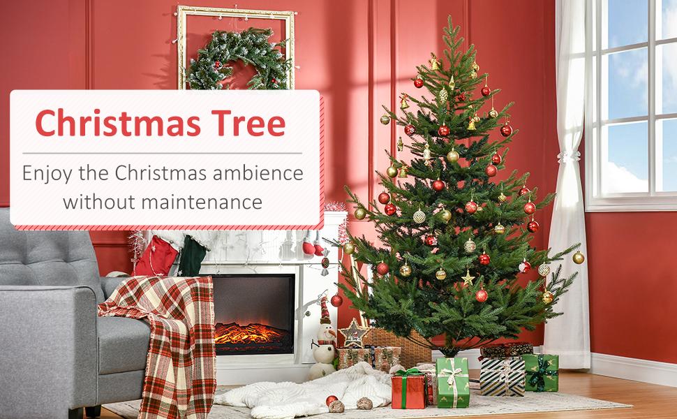 HOMCOM 6ft-9ft Artificial Christmas Tree, Pine Hinged Xmas Tree with Realistic Branches, Steel Base, Auto Open, Green/Pink