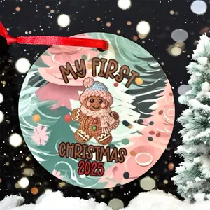 My First Christmas 2025 Gingerbread Man Christmas Round Wooden Ornament New with Festive Design and Red Ribbon