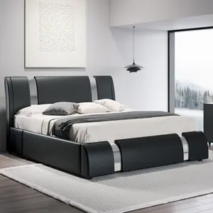 Modern Faux Leather Platform Bed Frame (Frame Only No Mattress) with Iron Pieces Decor, Low Profile Platform Bed with Height-adjustable Headboard, Solid Wood Slat Support, No Box Spring Needed, Queen/King Size#SummerVibes