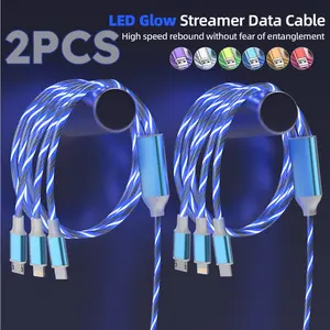 2 Packs 3-in-1 LED Glow Charging Cable, Flowing Light Fast Charging Cord with USB C/Micro USB/Lightning, Universal Multiple Charger Cable for iPhone Android Smart Phones
