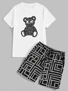 Men's All Over Bear Print Tee & Shorts Set, Regular Fit Casual Fashion Short Sleeve T-shirt & Track Shorts, Men's Summer Clothes