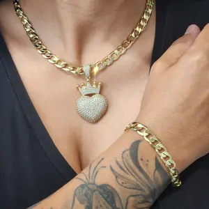 14K Gold Plated Cuban Link Chain with Heart Pendant, 8mm Electro-Laminated Costume Jewelry, Premium Everyday Wear Necklace