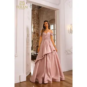 TERANI 251M4062 Satin Off The Shoulder Blush Ballgown