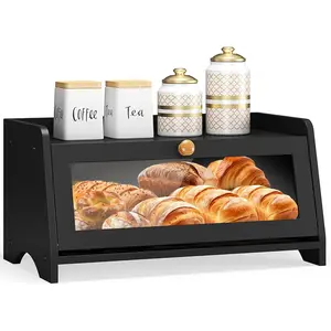 Wooden Farmhouse Large Bread Box for Kitchen Countertop, Bread Container Storage with Window Bread Holder (Black)
