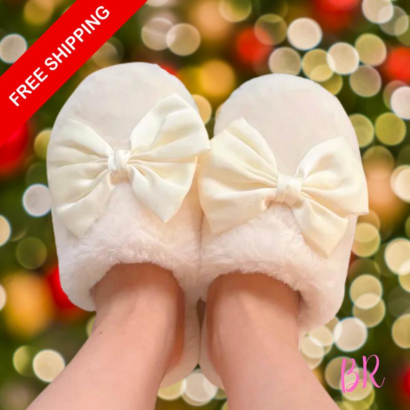 Cute Fluffy Soft Bow Slippers - Fur Cozy Lounge Slippersfor Women With Satin Bow Design Comfortable Home Wear Flipflop Slide Footwear