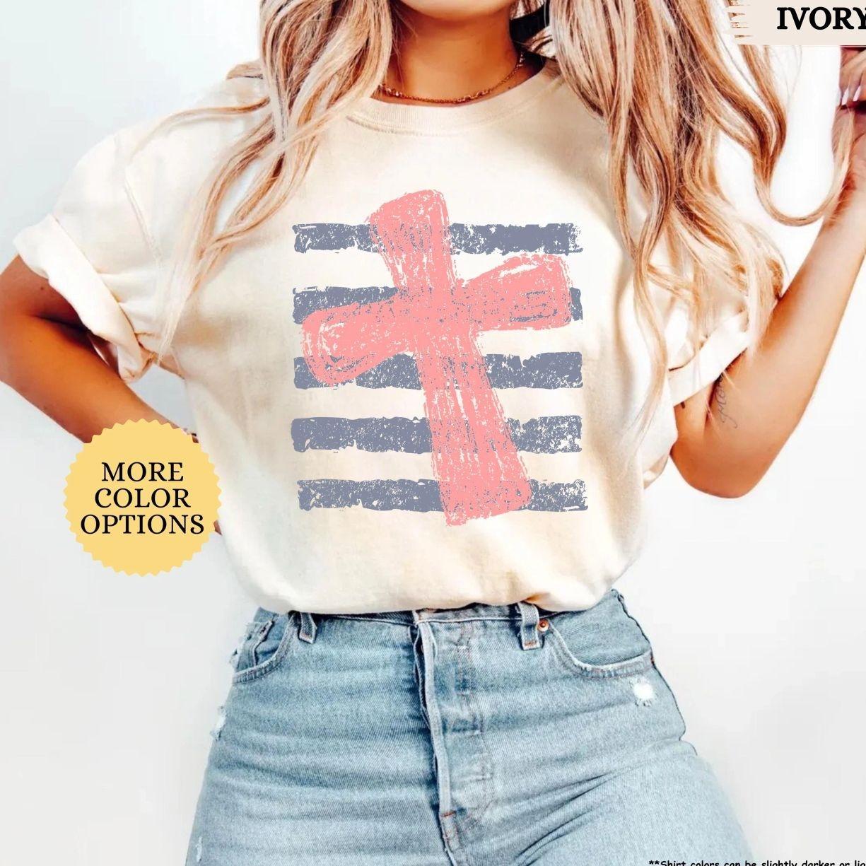 Comfort Colors Cross Summer Christian T-Shirt, Striped Faith Graphic Tee, Church Jesus Lover Shirt, Religious Prayer Apparel, Inspirational Christian Gift for Women & Men