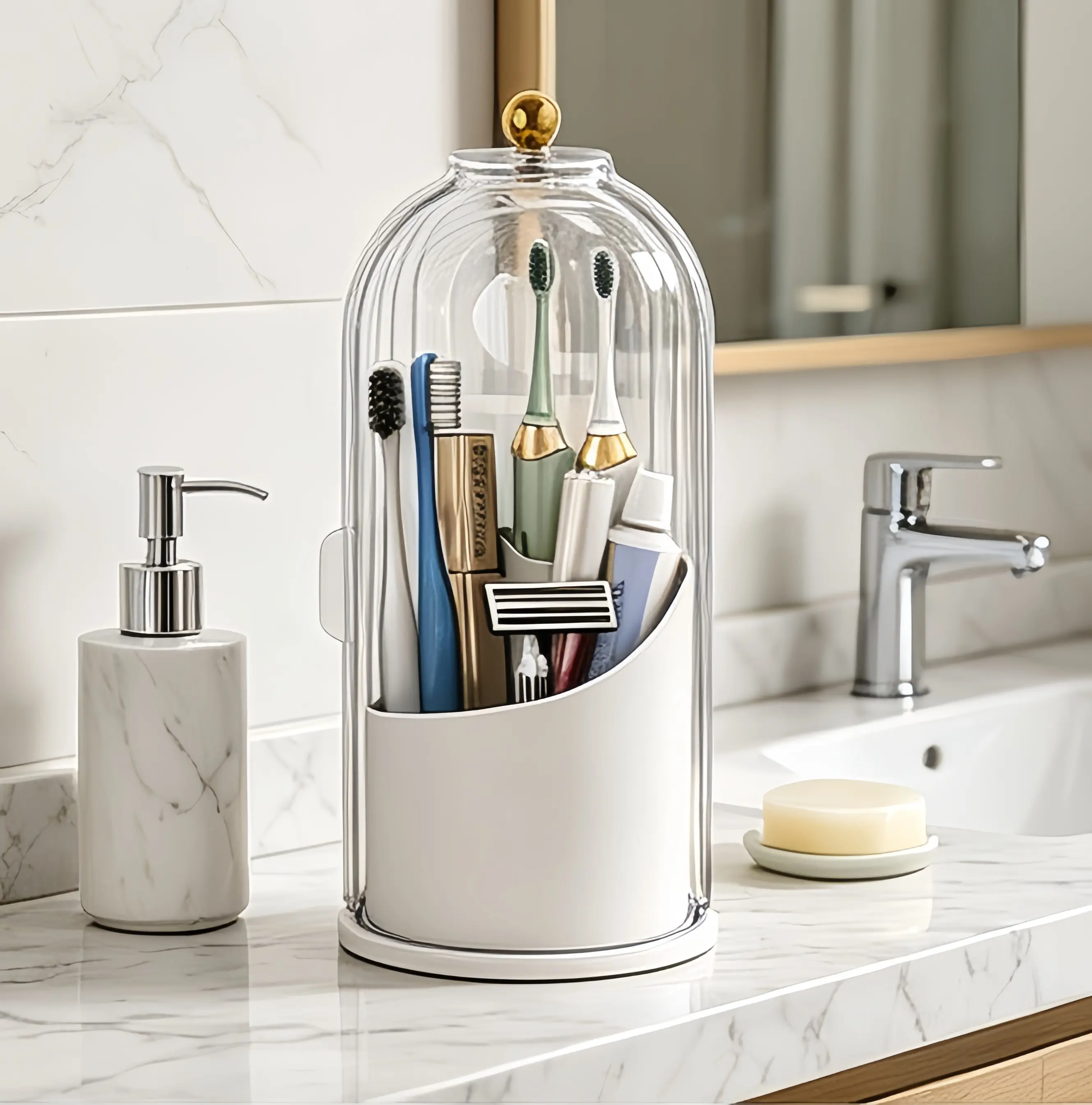 Modern ABS Plastic Compact Bathroom Accessory Bath & Vanity Countertop Toothbrush Holder with Cover - 3 Rotatable Slots, Sliding Lid, Non-Slip Pad, Drainage, Waterproof, Durable, Portable Single Unit for Toothpaste, Makeup Brushes | Home Organization