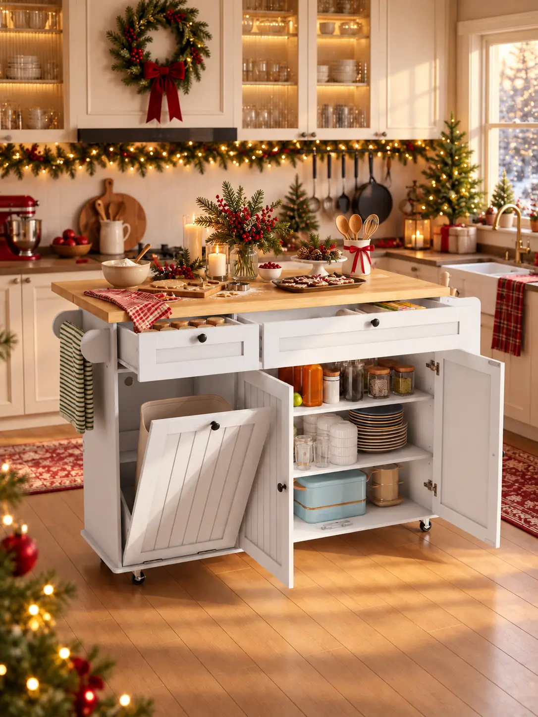 【TiktokShopStockUp】ONBRILL 60" / 81.7" Kitchen Island with Power Outlet & Drop Leaf, Kitchen Rolling Island with Spice Rack & Towel Rack, Knife Holder, Kitchen Island Cart with Trash Storage Cabinet, Mobile Island Table for Kitchen