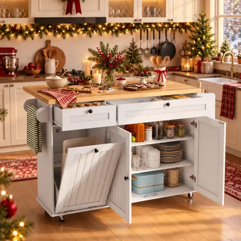 【Black Friday】ONBRILL 60" / 81.7" Kitchen Island with Power Outlet & Drop Leaf, Kitchen Rolling Island with Spice Rack & Towel Rack, Knife Holder, Kitchen Island Cart with Trash Storage Cabinet, Mobile Island Table for Kitchen