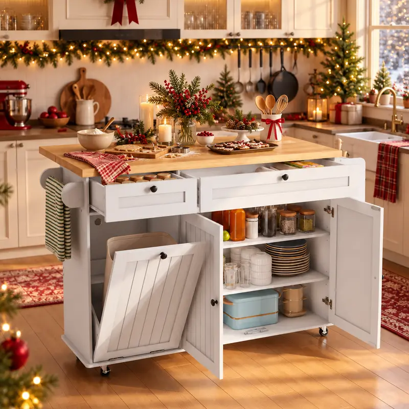 【Black Friday】ONBRILL 60" / 81.7" Kitchen Island with Power Outlet & Drop Leaf, Kitchen Rolling Island with Spice Rack & Towel Rack, Knife Holder, Kitchen Island Cart with Trash Storage Cabinet, Mobile Island Table for Kitchen