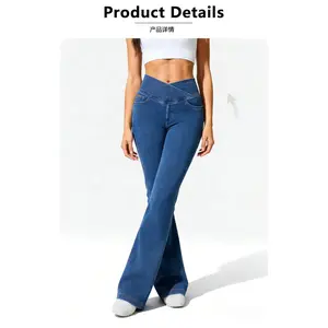New straight-leg knitted jeans with loose cross-waistband, pockets, knitted denim flared pants, yoga pants cute gym set