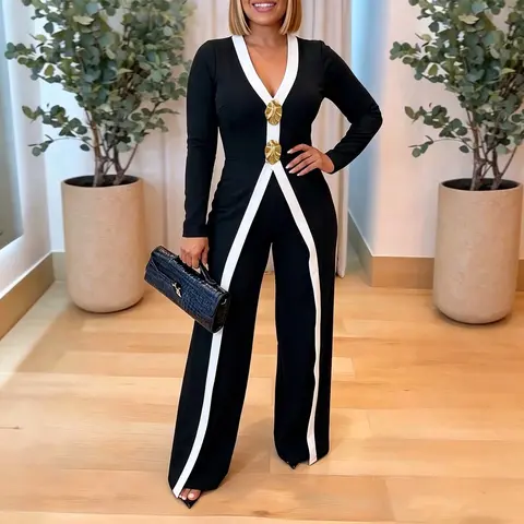 CHICME Women's Contrast Binding Faux Two-Piece Jumpsuit Elegant V Neck Wide Leg Overalls High Waisted Jumpsuits with Pockets