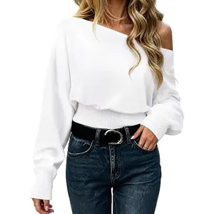 Women's Off Shoulder Cropped Sweater Long Sleeve Batwing Crop Top Pullover Knit Tops White