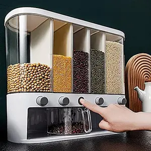 Wall-Mounted 5-Compartment Food-Grade PP Dry Food Dispenser, House Organizers with Sealed Lid, 25 lbs Grain Storage Containers for Kitchen, Including Measuring Cup