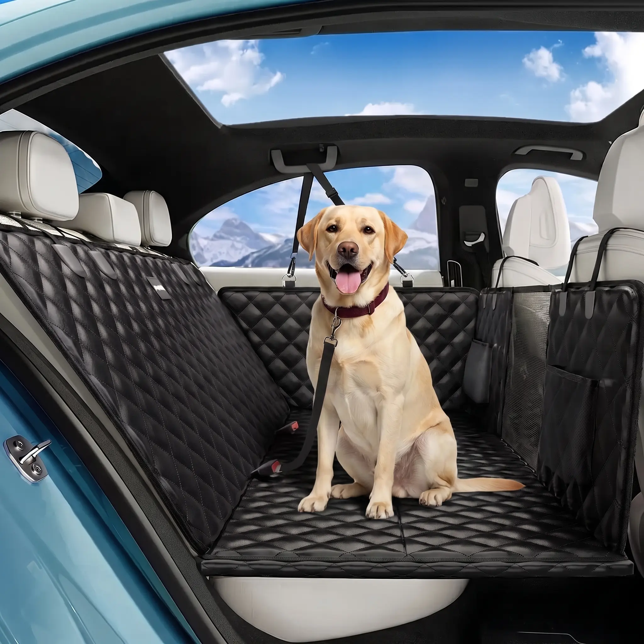 Hard Bottom Dog Car Seat Cover - Waterproof, Scratchproof Rear Seat Hammock for Pups, Multi-Use Pet Travel Accessory with Expandable Space, Mesh Window, Non-Slip Design, Machine Wash Easy, Protects Vehicle, Fits Most Cars, SUVs, Trucks, Easy To Clean