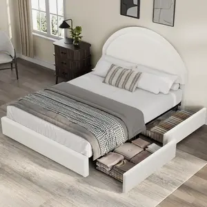 Garvee Cozy Boucle Upholstered Platform Bed Frame with 2 Storage Drawers - Semi-Circular Headboard - Heavy Duty Wooden Slats - Noise-Free, No Box Season Needed - Full Size, White