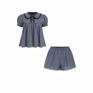 Cider 100% Cotton Gingham Peter Pan Collar Oversized Top & Mid Rise Lace Trim Straight Leg Shorts Set