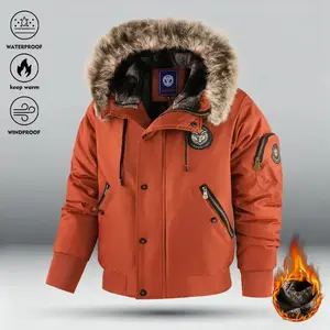 Men’s heavy-duty Arctic winter jacket — windproof, full-zip hooded warm coat; machine washable cold-weather gear for skiing and camping; winter accessories; ski apparel; fleece-lined menswear tops; casual-style outerwear; brick red.