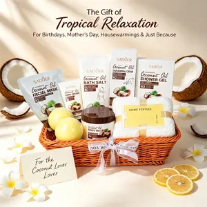 Tropical Coconut Bath Gift Set for Women, Luxury Nourishing Moisturizing Spa Pamper Basket, Relaxing Self Care Kit, Body Care Pack, Birthday Housewarming Gift Basket