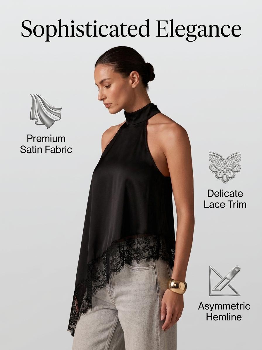 FEITAI Women's Satin Halter Top, Asymmetrical Hem with Lace Trim, Elegant Sleeveless Blouse for Daily