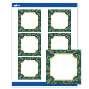 Avery Printable Square Labels, 3" x 3", Matte White, Pre-printed Teal & Metallic Gold Frame Design, Sure Feed Technology, Laser & Inkjet Compatible, 120 Total