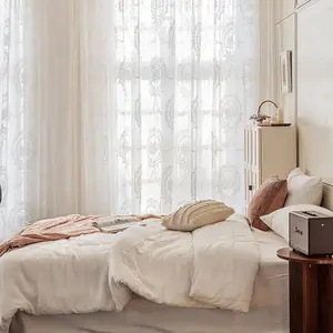 2PCS beautiful flower embroidered gauze curtain, transparent thin curtain with pole pocket, pole style dreamy white gauze, can be used for living room, bedroom, dining room, children's room, wedding decoration, birthday decoration.