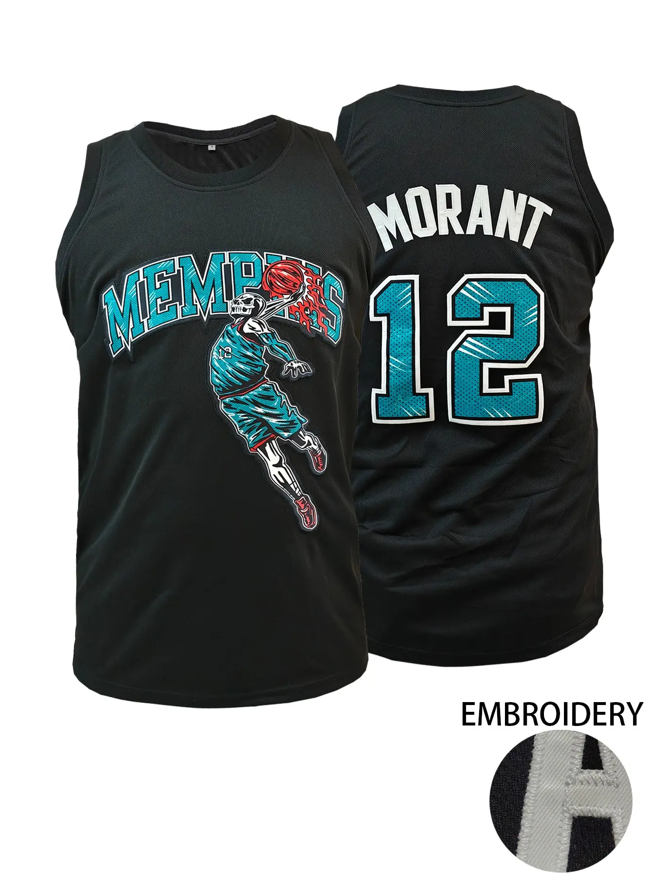 Men's Memphis #12 Embroidered Basketball Jersey, Stitched Name & Number Skeleton Dunk Design Sleeveless Basketball Shirt, Breathable Sportswear for Men Women Youth, S-3XL