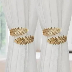 2 Piece Bohemian Metal Alloy Leaf Curtain Tiebacks, Elegant Adjustable Decorative Curtain Rings, Bohemian Style, Perfect for Sheer Drapes and Shower Curtains, Interior Decoration Accessories