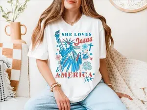 She Loves Jesus & America Too Tee, Party In The USA Shirt, 4th Of July Tee, Patriotic Tee