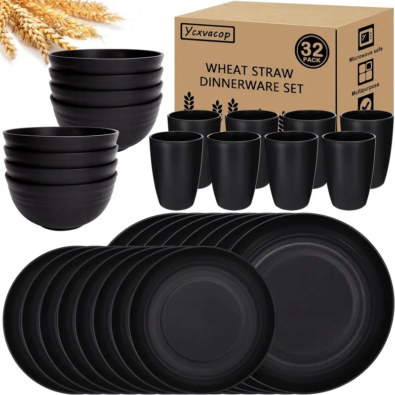 32-Piece Kitchen Plastic Wheat Straw Dinnerware Set - Dinner Plate, Dessert Plate, Cereal Bowl, Cup, Unbreakable Plastic, Black - Tableware
