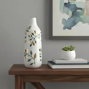 360 stand 12.2in Decorative Bud Shape Ceramic Table Vase - White, Green & Gold Floral Leaf Design, Tabletop Use, Transitional Home Decor Centerpiece, Ideal Gift, Decorative Vase