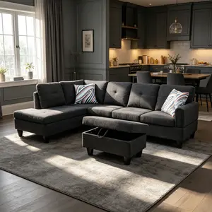 Black Grey Linen Living Room Sofa Set, wear-resistant woven linen material, fade-proof and durable, ergonomic seating comfort, stable reinforced structure, ideal for apartment and family decoration
