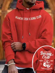 Vintage Boxing Style Manchester Boxing Club Hoodie, Unisex Fitted Sweatshirt with Worn-Out Glove Print, Casual Fall & Winter Wear