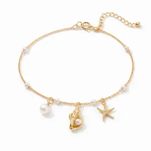 Shell Ankle Bracelet with Pearl and Starfish Charms Gold Tone Chain Accessory for Women