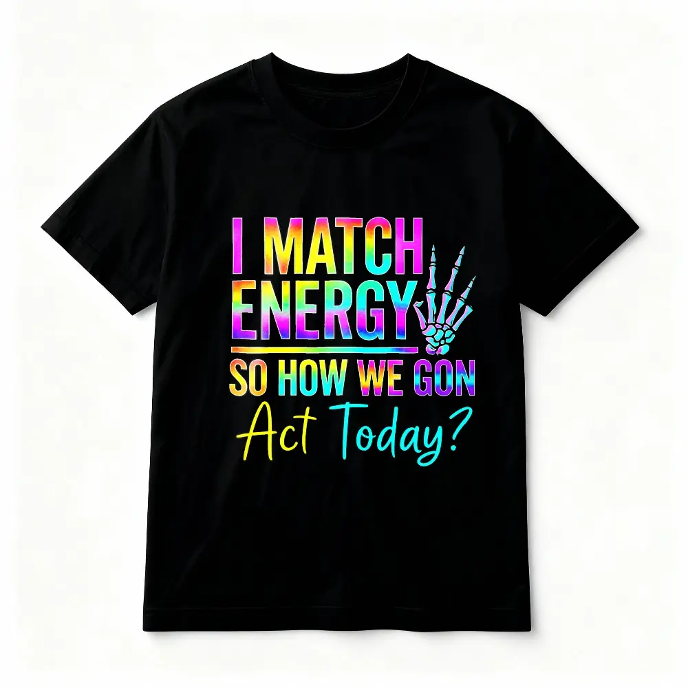 I Match Energy Skeleton Graphic Tee, casual loose black tee featuring vibrant rainbow lettering and skeleton hand print, stylish eye-catching design, suitable for daily outings, hangouts and casual gatherings with versatile matching performance cotton