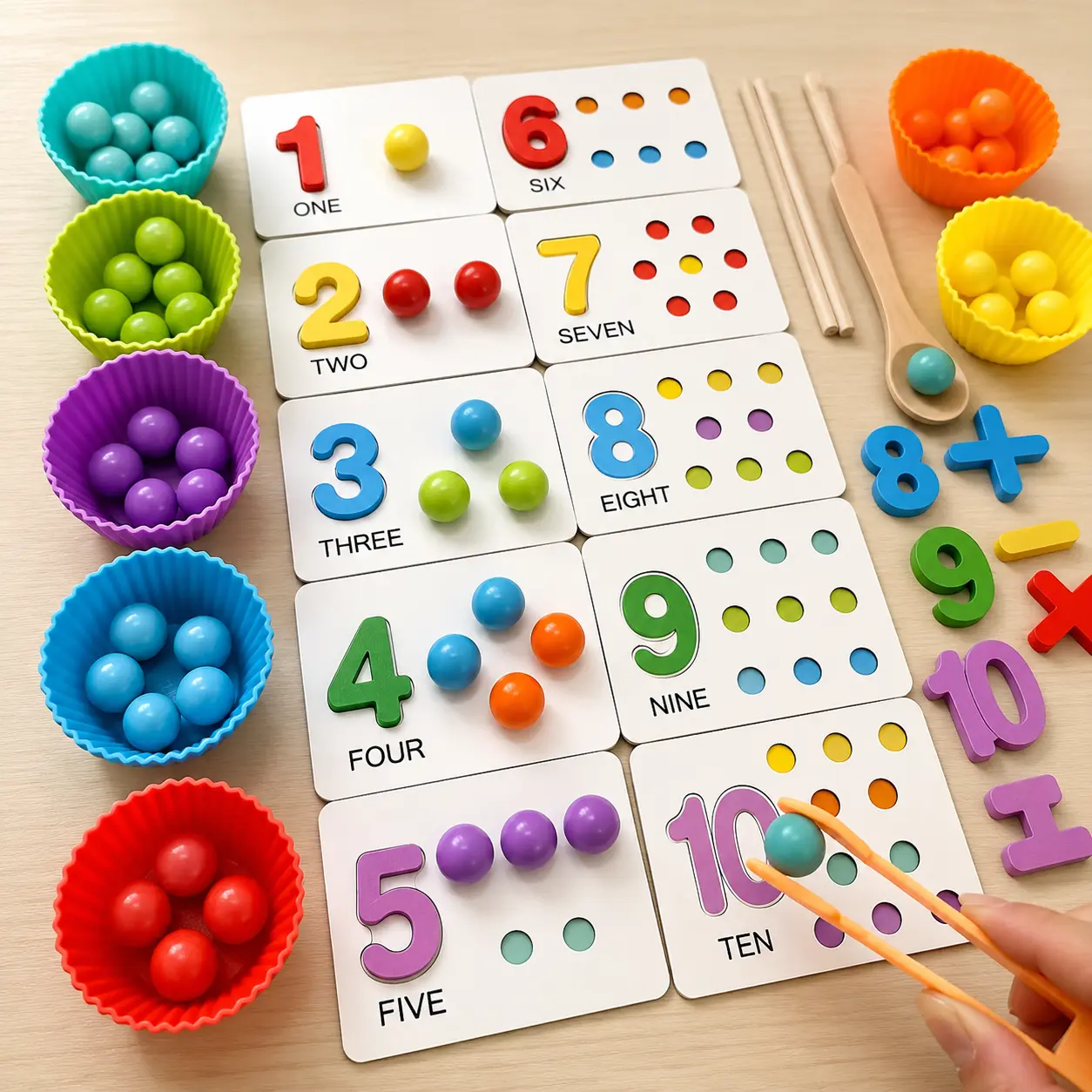 Montessori Math Learning Toy for Toddlers 3-6, Screen-Free Counting & Sorting Game with Color Beads, Number Cards, Fine Motor Skills Activities, Preschool Educational Gift for Kids Wooden Sorting Cube