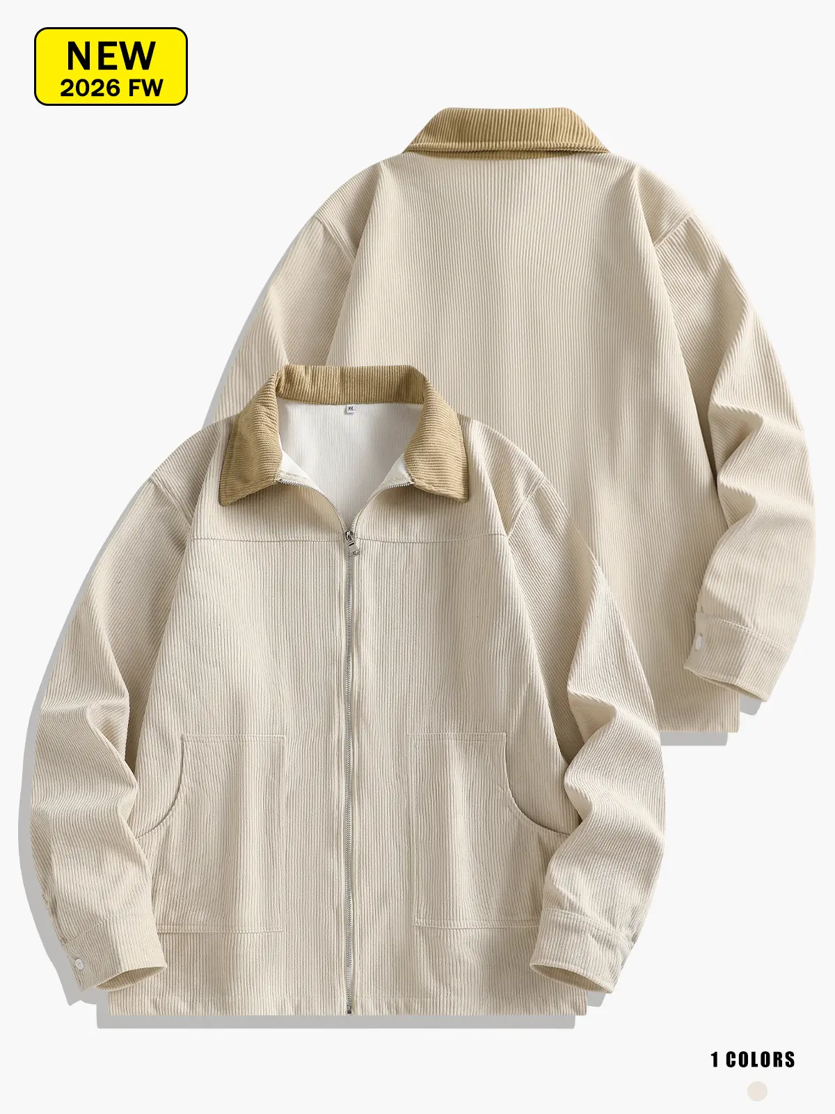 Men’s corduroy jacket with a turn-down collar, loose fit, retro casual style, warm and comfortable for spring and autumn.