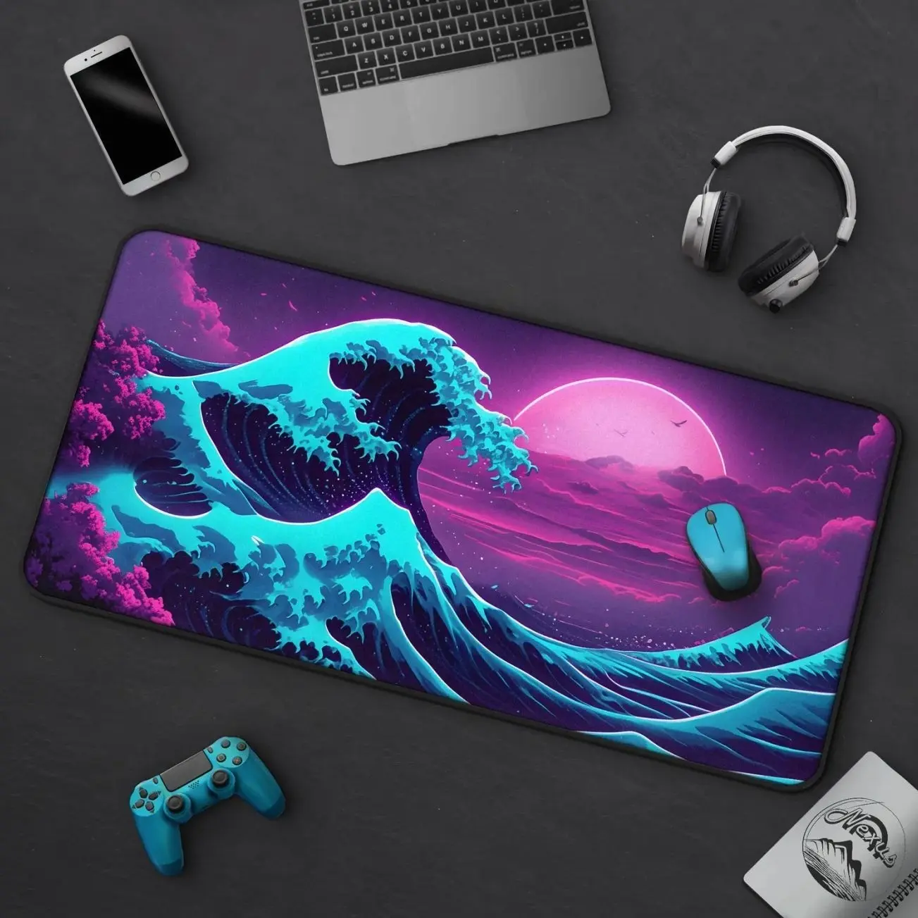 Neon Great Wave Off Kanagawa Gaming Mousepad, Retro Synthwave Desk Mat, Anime Vaporwave, Large Japanese Wave Mat, Retrowave Decor For Office