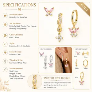 Butterfly Ear Stack Set Gold Silver Tone Pink Clear Stone Sparkling Elegant Lightweight Comfortable Versatile Feminine Jewelry for Women Girls Daily Wear Gift Idea Perfect Accessory