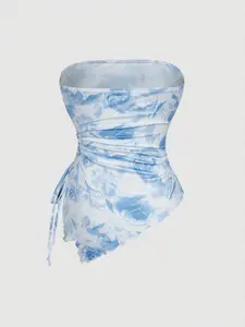 SHEIN MOD Tube Top With Side Drawstrings, Irregular Hem, Retro Printed Tube Top, Autumn Top, Top, Going Out Top, Tight Top