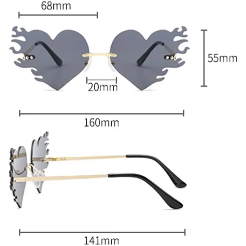 Melting Heart Flame sunglasses Women/men Trendy Rimless Party Cute Prom Glasses Novelty Heart Fire Flame Eyewear