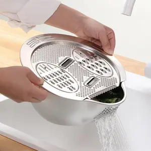 Stainless Steel Vegetable Washing Basin Set, Efficient Drain Basket, Multi-Function Filter Kit, Ideal for Rice, Fruits, Vegetables