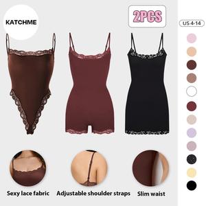 KatchMe Lace Series Women's Basic Spaghetti Strap Lace Trim Breathable Bodysuit, Adjustable Strap Seamless Chic Nightdress, Minimalist Lightweight Playsuit Womenswear