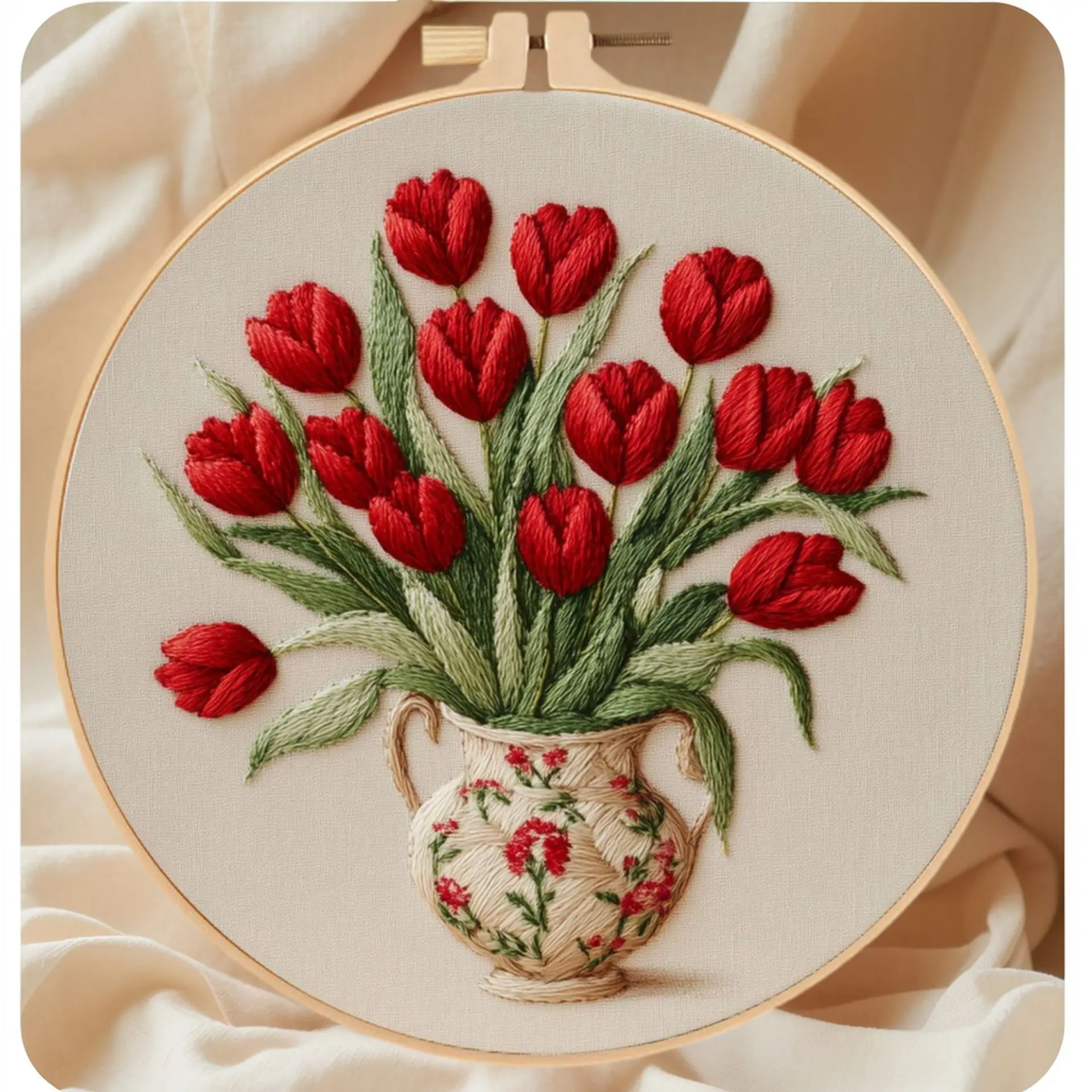 Hand Embroidery Kit with Red Floral Vase Pattern for Beginners, DIY Needlework Set for Home Decoration, Includes English Guide, Hand Embroidered