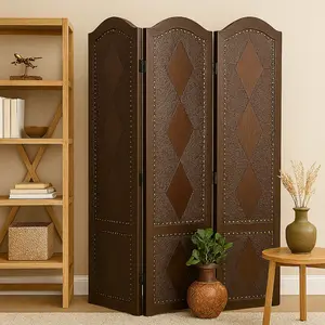 Scroll Brown Faux Leather Foldable Partition 4 Panel Partition Room Divider Screen with Faux Leather Detailing