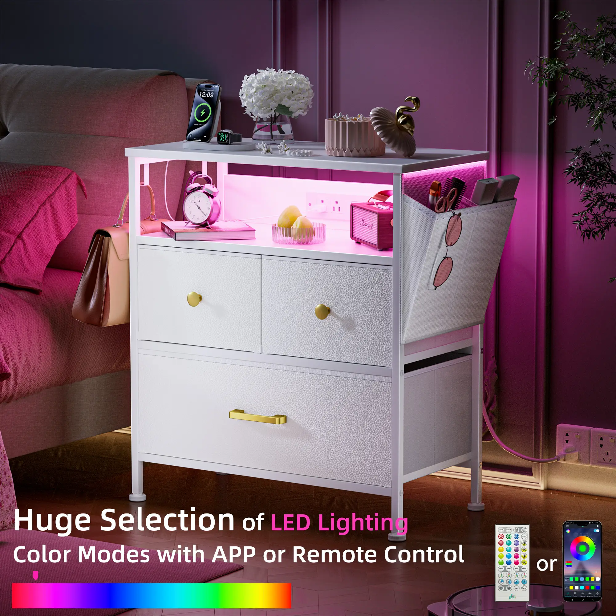 PhoenixHome LED Nightstand Set of 2 with Built-in Outlet USB Ports, Dresser with 3 Fabric Drawers End Table for Bedroom, Metal Frame Furniture Bedside