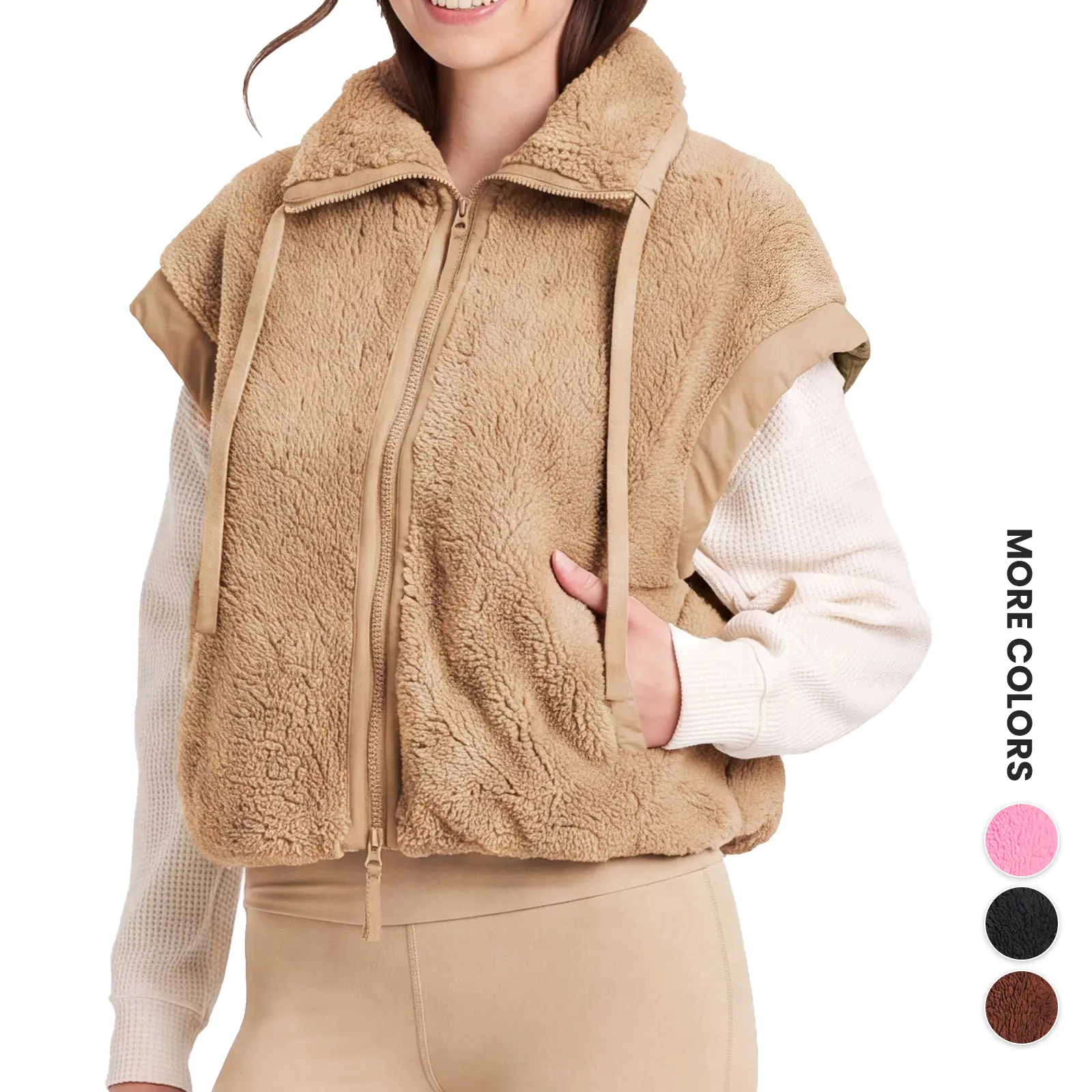 Renaishow Women's Fitted Sherpa Fleece Cropped Vest - High Collar, Zip-Up, Sleeveless, Drawstring, Comfortable Style for Fall Winter Casual Clothes & Tops