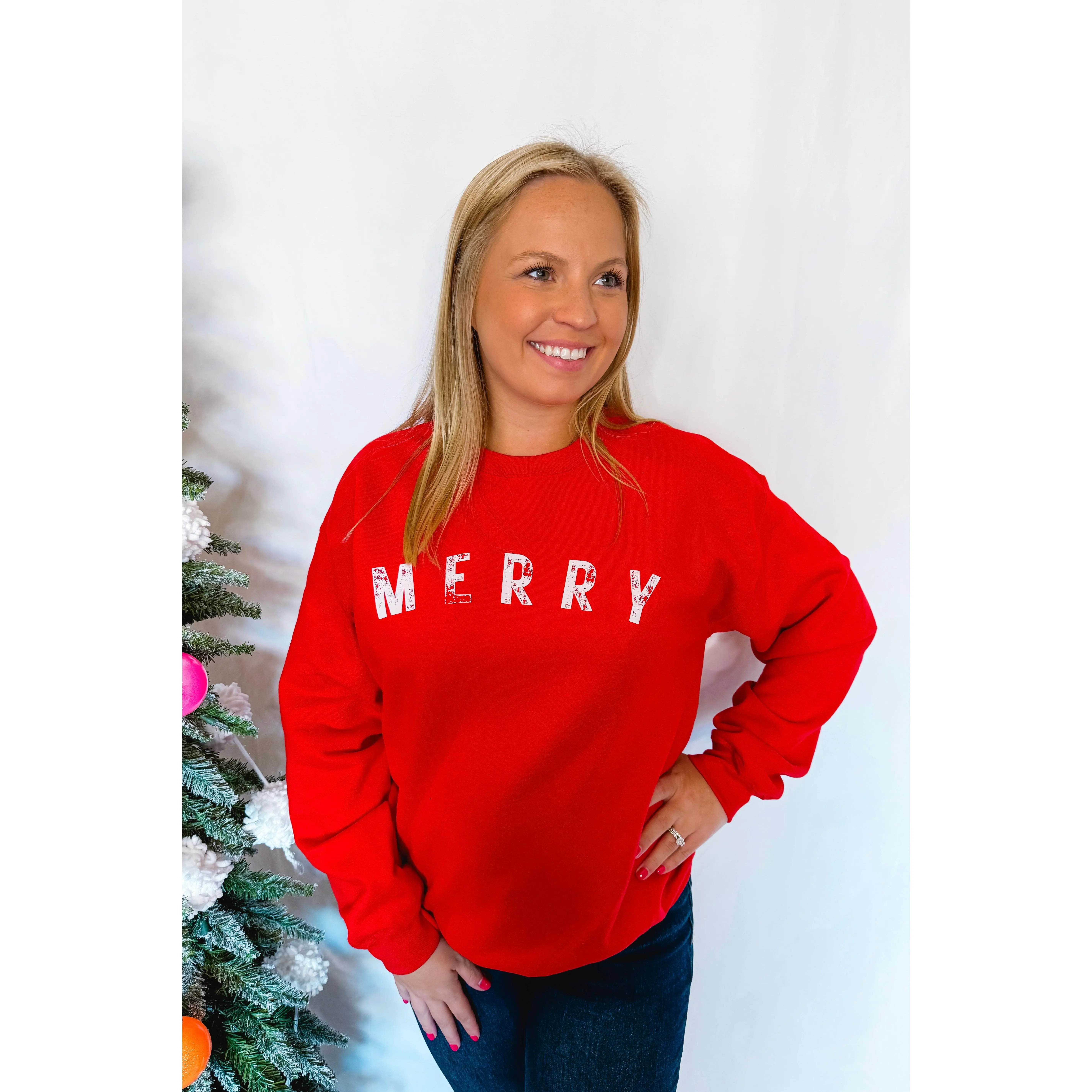 Women's Casual Cotton Merry Crew Neck Sweatshirt - Red